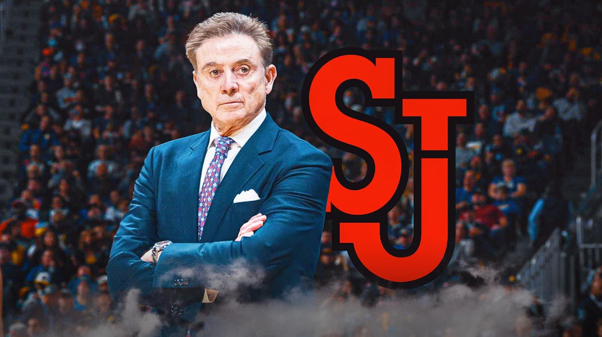 Rick Pitino with the St. John's logo in the background, March Madness