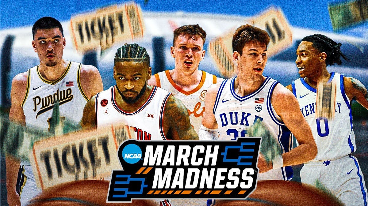 Kyle Filipkowski, Zach Edey, Rob Dillingham, Dalton Knecht, Jamal Shead all together. State Farm Stadium is the background. March Madness logo 2024 in the front. Tickets and dollar signs all around the graphic.