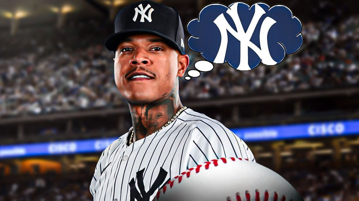 Yankees' Marcus Stroman in front looking serious. Yankee Stadium background. Give Stroman a thought bubble. In the bubble, place the Yankees' logo.