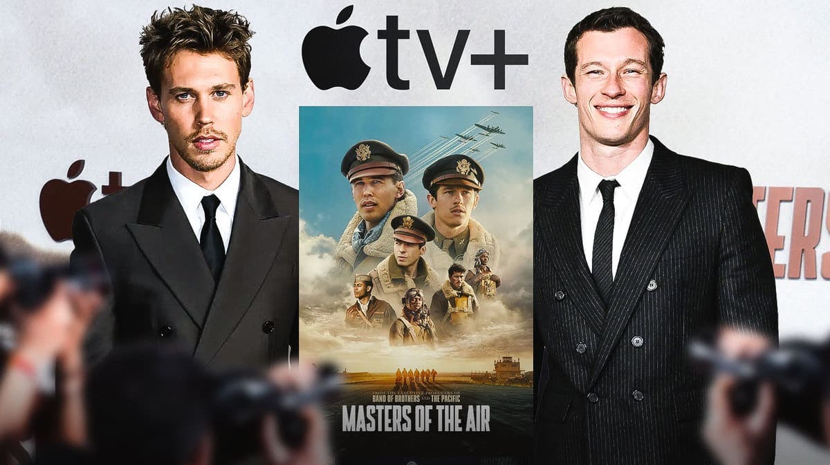 Austin Butler, Apple TV+ logo, Masters of the Air poster, and Callum Turner.