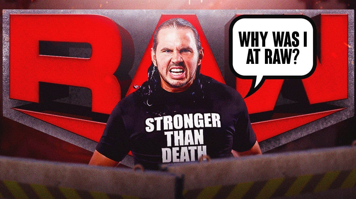 Matt Hardy with a text bubble reading “Why was I at RAW?” with the RAW logo as the background.