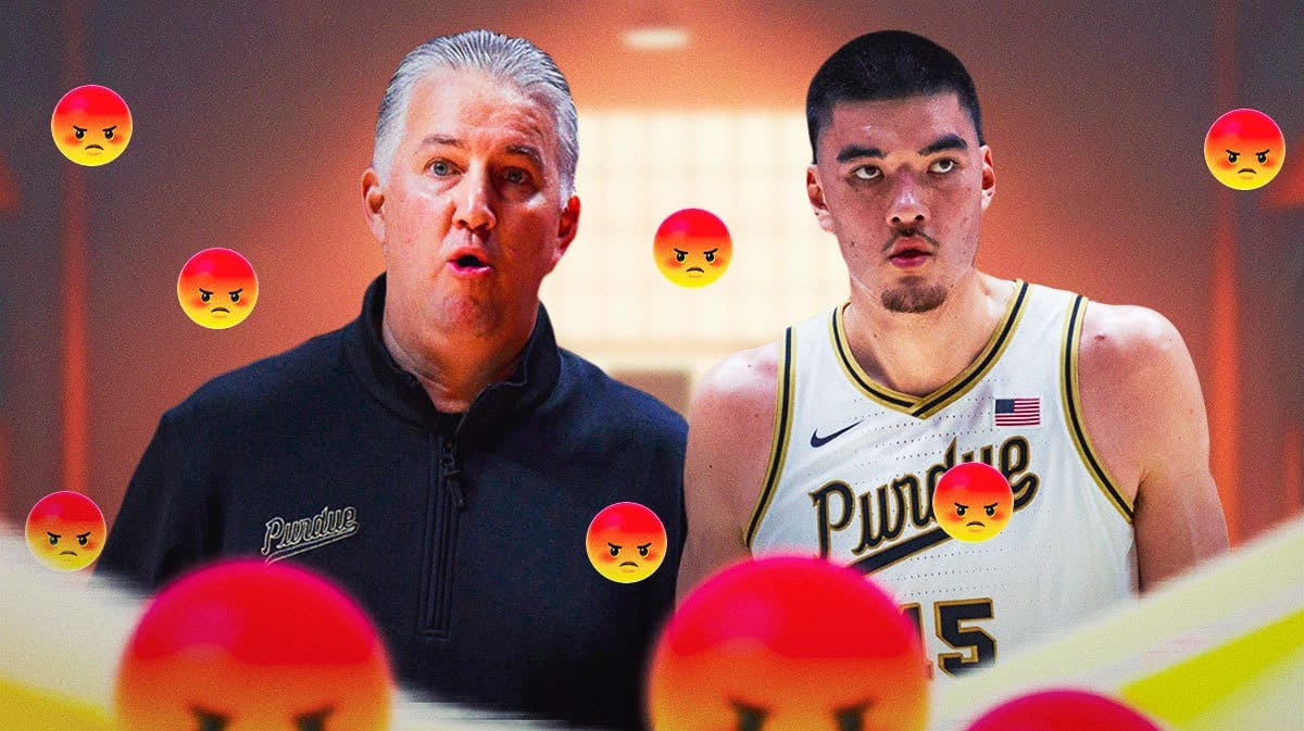 Purdue basketball coach Matt Painter next to Zach Edey surrounded by angry emojis