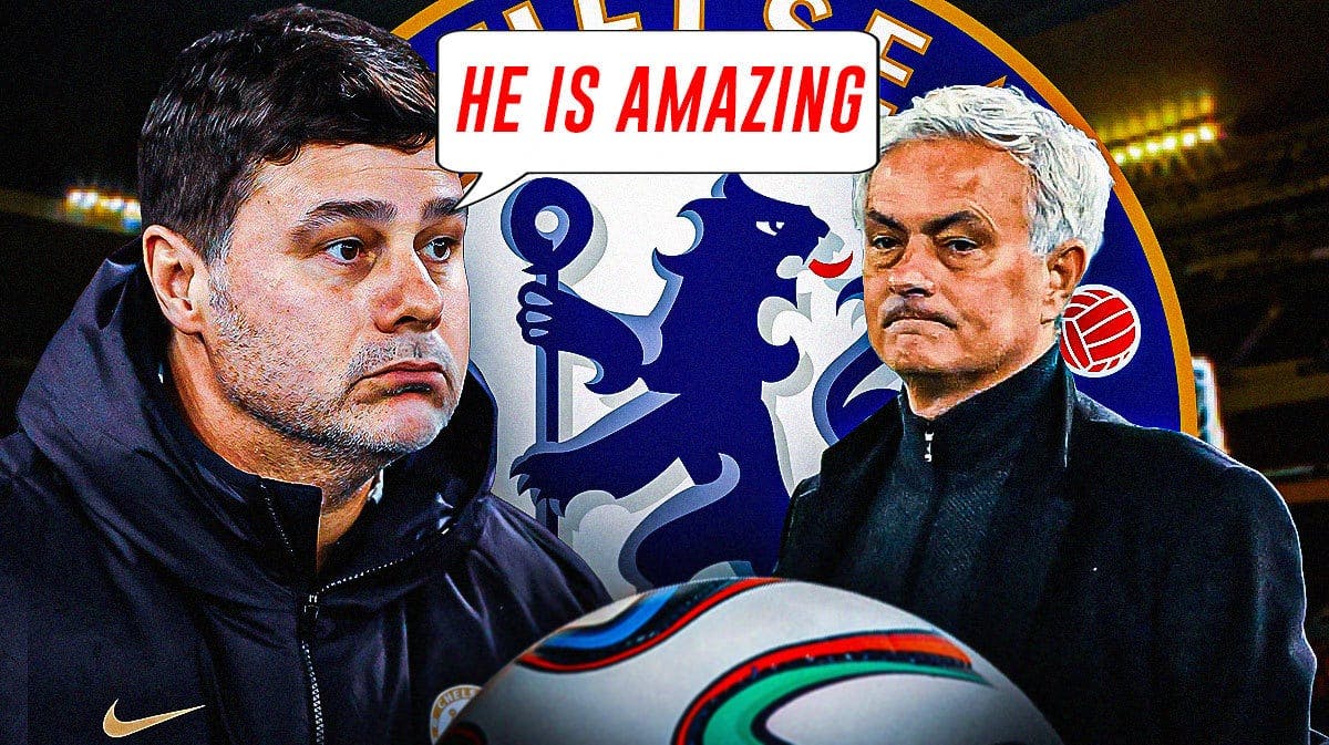 Mauricio Pochettino saying: ‘He is amazing’ next to Jose Mourinho in front of the Chelsea logo