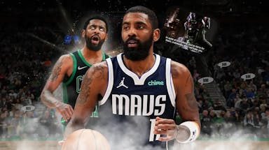 Mavericks' Kyrie Irving being haunted by his 2019 Celtics self like a ghost, with a thought bubble on Irving containing an image of the Green Goblin in spite of everything you’ve done for them meme, booing TD Garden background