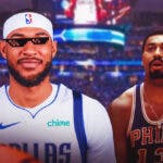 Mavs' Daniel Gafford smiling with the thug life shades on, with Wilt Chamberlain (1967 76ers version) beside him