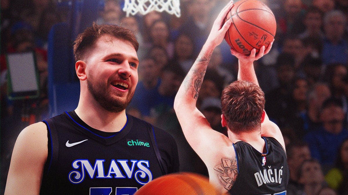 Mavericks' Luka Doncic shooting the basketball while there’s a lid on the ring, with another Doncic on the side smiling at the shooting version of him