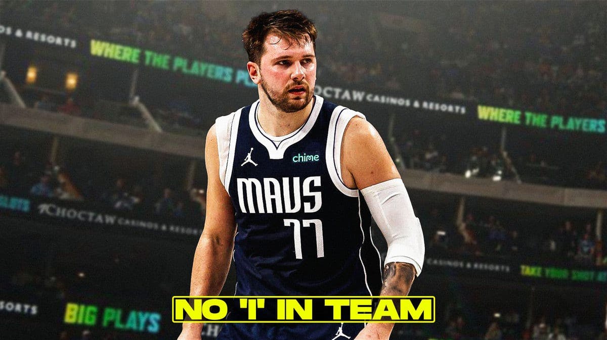 Mavericks' Luka Doncic hyped up, with caption below: NO 'I' IN TEAM