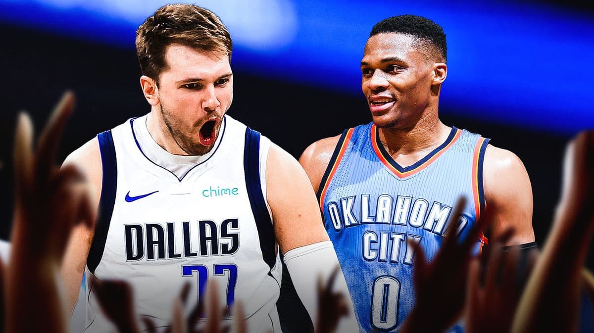 Mavericks' Luka Doncic hyped up, with 2016-17 Thunder Russell Westbrook beside him smiling