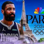 Dallas Mavericks star Kyrie Irving next to the 2024 Paris Olympics logo in front of the Eiffel Tower.