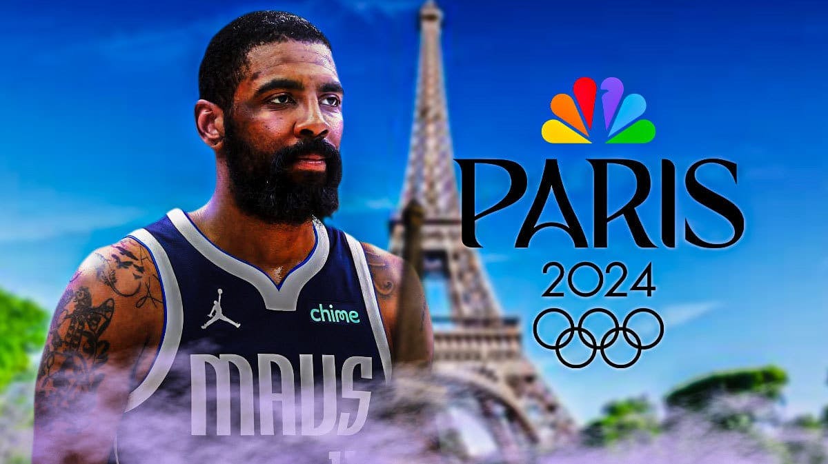 Dallas Mavericks star Kyrie Irving next to the 2024 Paris Olympics logo in front of the Eiffel Tower.