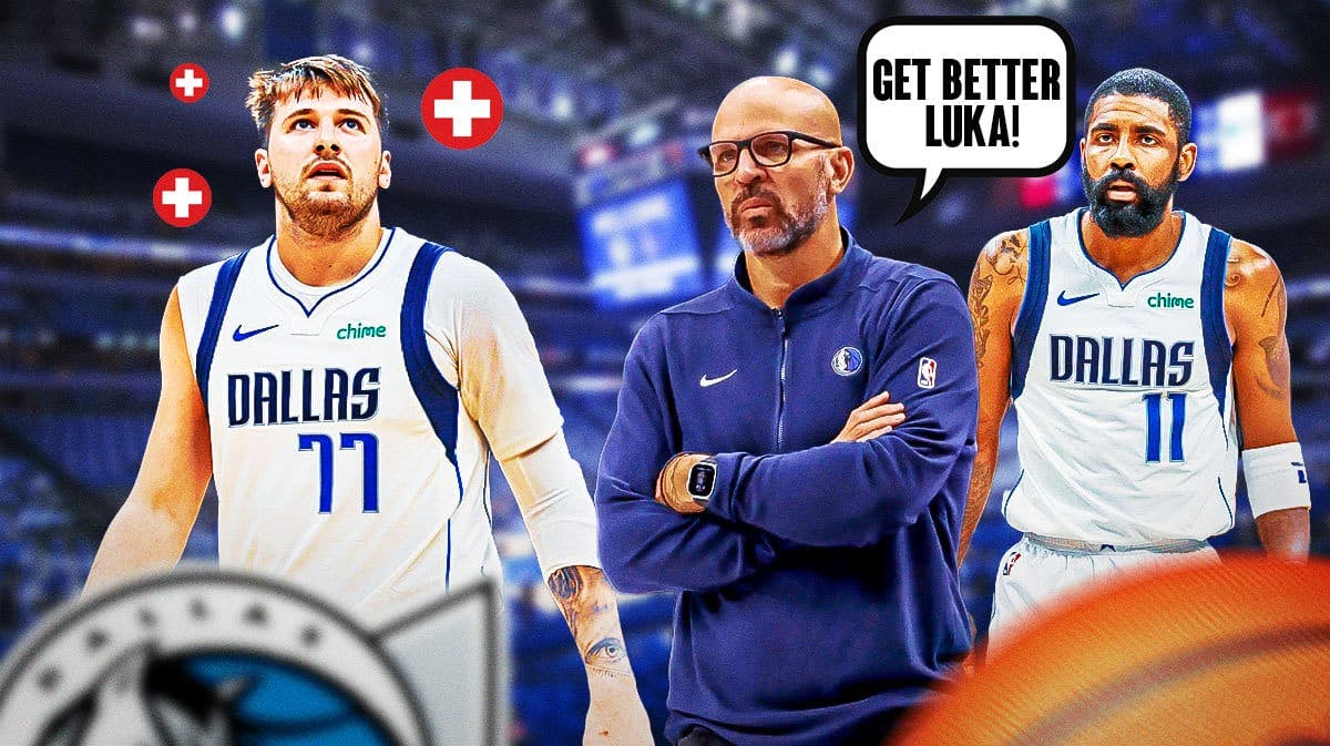 Luka Doncic with medical symbol. Jason Kidd and Kyrie Irving saying “Get better Luka!”