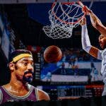 Mavericks' Daniel Gafford dunking a basketball on left. Wilt Chamberlain in a Lakers uniform on right.