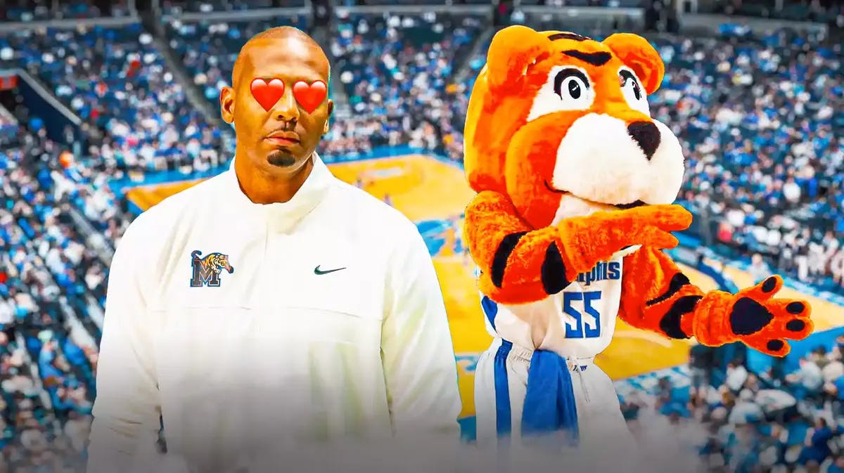 Penny Hardaway (Memphis basketball HEAD COACH) with heart eyes, Memphis Tigers mascot in the background