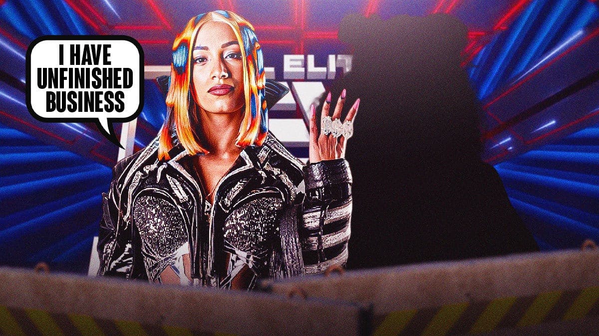 Mercedes Mone with a text bubble reading “I have unfinished business” next to the blacked-out silhouette of Willow Nightingale with the AEW Dynamite logo as the background.