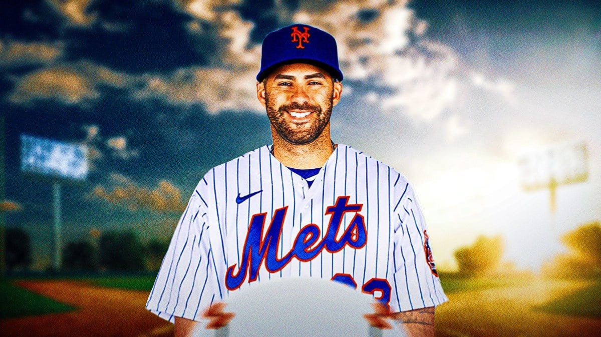 J.D. Martinez in a New York Mets uniform with a bunch of the big eyes emojis in the background