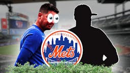 Mets Carlos Mendoza with emoji eyes looking at a mystery pitcher