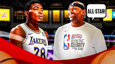 Metta World Peace on one side with a speech bubble that says “All-Star!”, Rui Hachimura on the other side