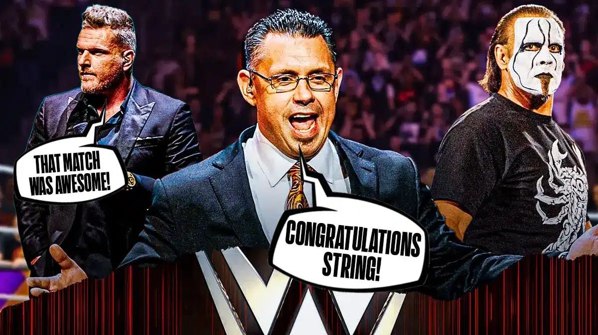 WWE’s Michael Cole with a text bubble reading “Congratulations String!” on the left, Pat McAfee with a text bubble readying “That match was awesome!” on the right, with Sting in the middle and the RAW logo as the background.