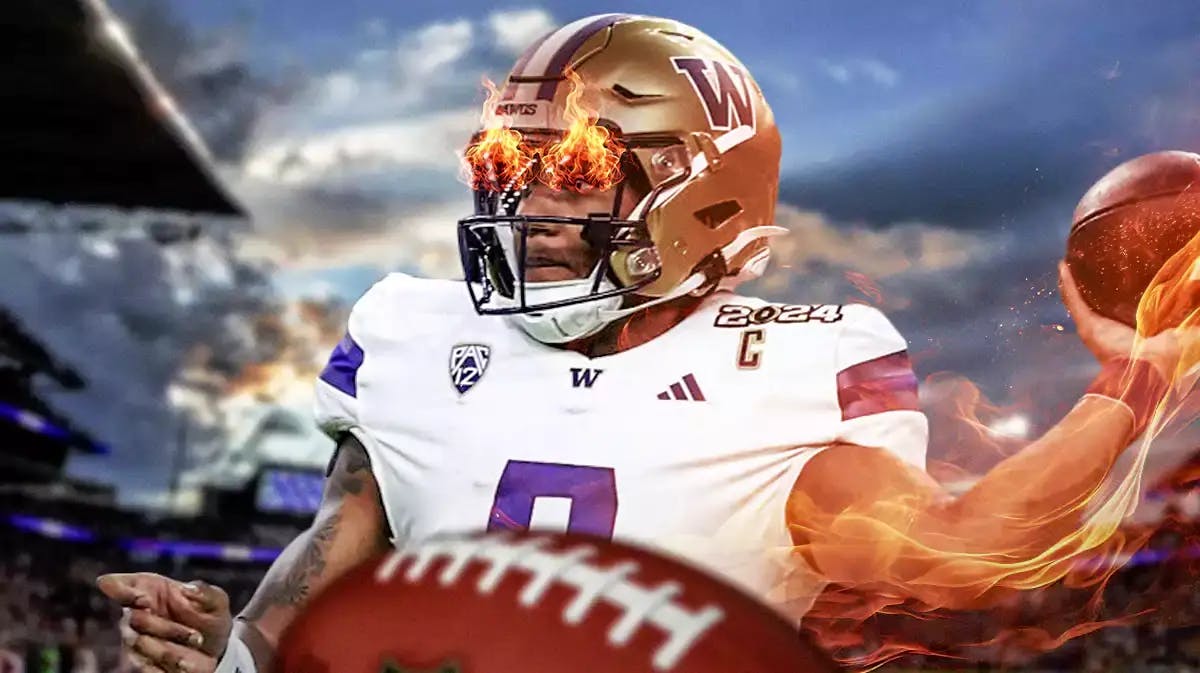 Photo: Michael Penix Jr in action in Washington Huskies jersey with fire in his eyes
