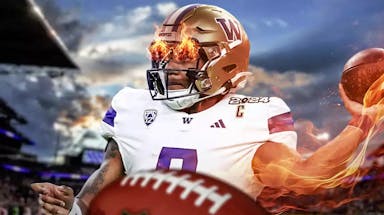 Photo: Michael Penix Jr in action in Washington Huskies jersey with fire in his eyes