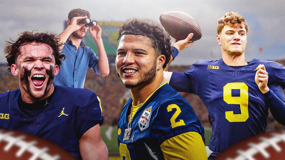 An NFL football scout (maybe with binoculars?) looking at Michigan football players and NFL draft prospects JJ McCarthy, Blake Corum, and Roman Wilson.