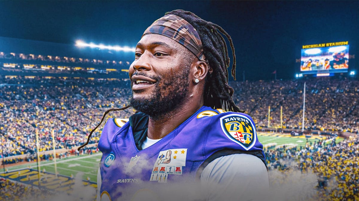 Michigan football, Wolverines, Pernell McPhee, Pernell McPhee Michigan, Ravens, Pernell McPhee with Michigan football stadium in the background