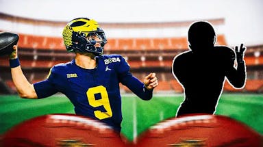 Michigan football quarterback JJ McCarthy throwing to an anonymous receiver