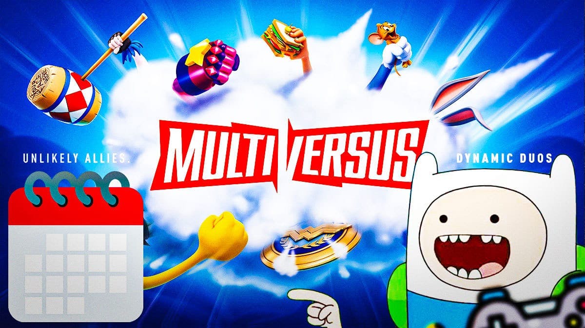 MultiVersus with Key Visual, Finn on the foreground pointing at a calendar