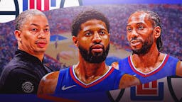 Clippers' Paul George with Ty Lue and Kawhi Leonard