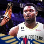 Pelicans' Zion Williamson looking angry while staring at Lakers' LeBron James holding the NBA In-Season Tournament trophy