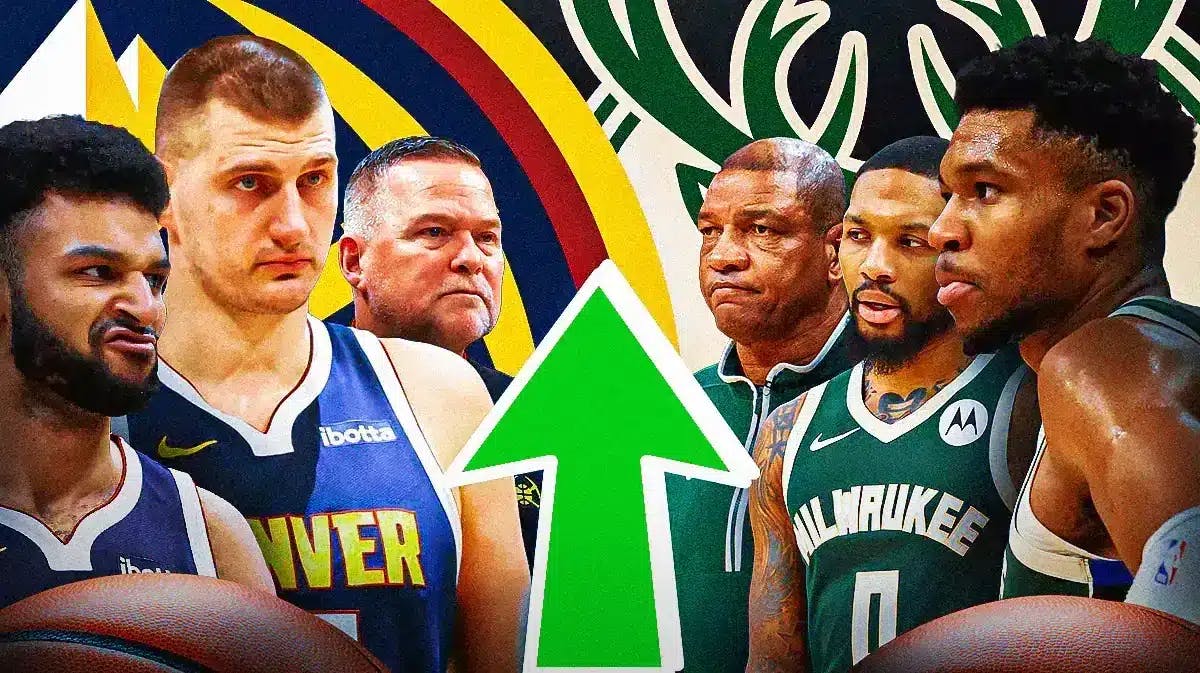 Nuggets' Michael Malone, Nikola Jokic and Jamal Murray on the left; Bucks' Doc Rivers, Giannis Antetokounmpo and Damian Lillard on the right. Green arrow in the middle