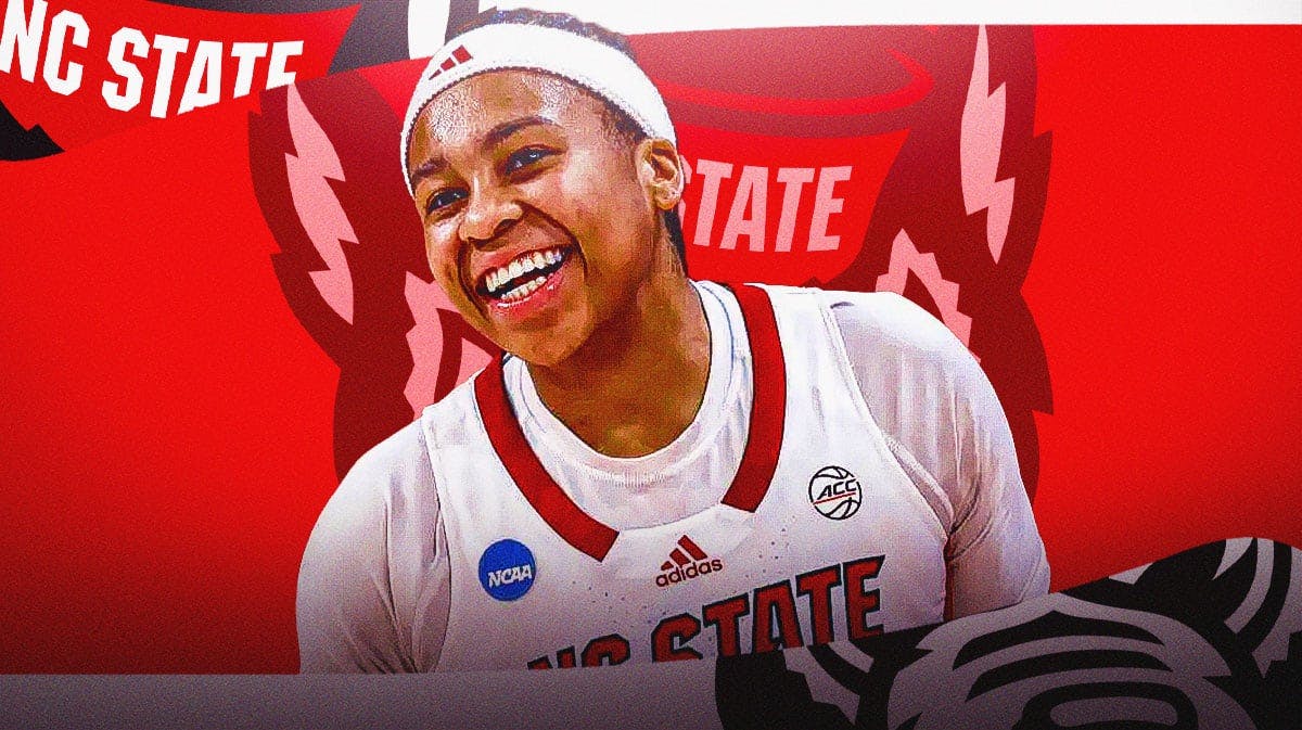 NC State's Zoe Brooks with the NC State Wolfpack logo in the background, March Madness
