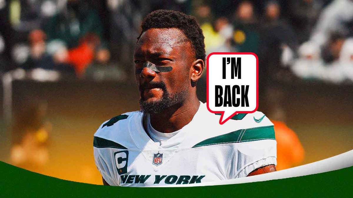Former Jets receiver Corey Davis with a speech bubble that says, "I'm Back"