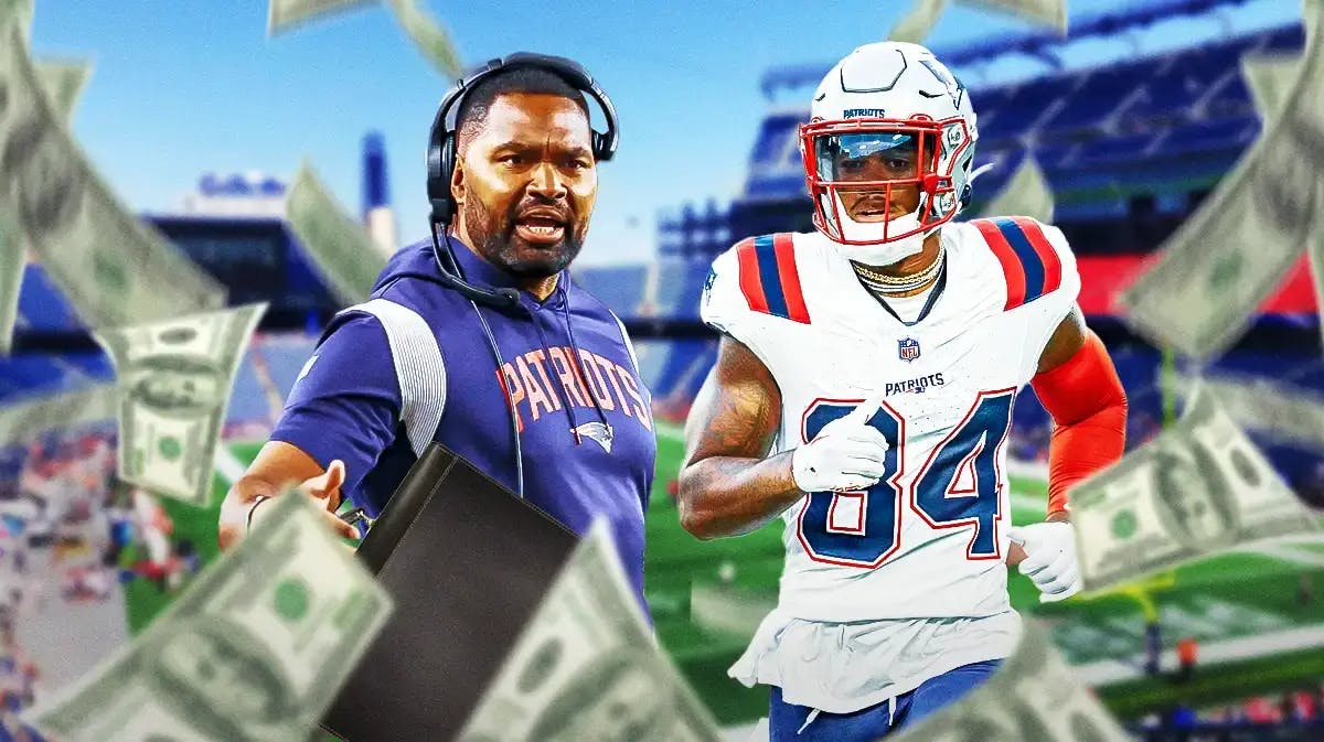 Patriots' Jerod Mayo handing a briefcase to Kendrick Bourne with cash falling from the sky
