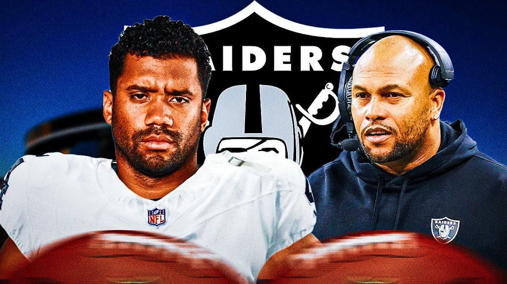 Russell Wilson in a Raiders jersey next to Antonio Pierce and a Raiders logo