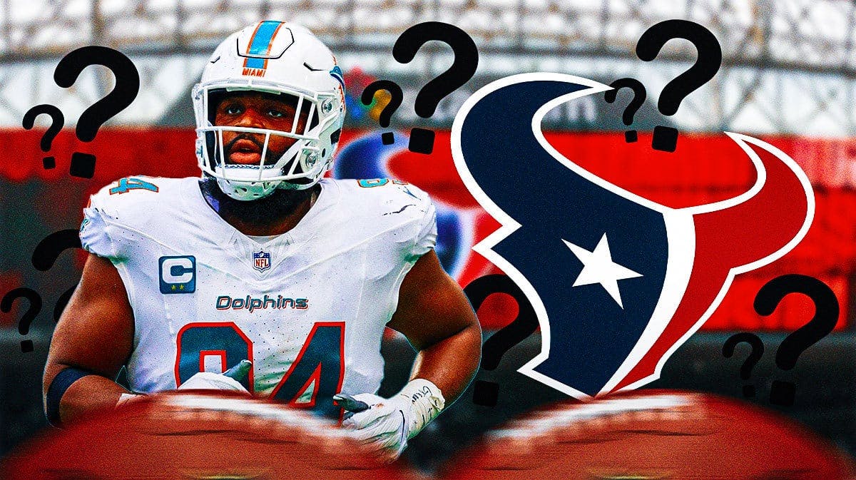 Miami Dolphins star Christian Wilkins next to the Houston Texans logo with question marks around it.