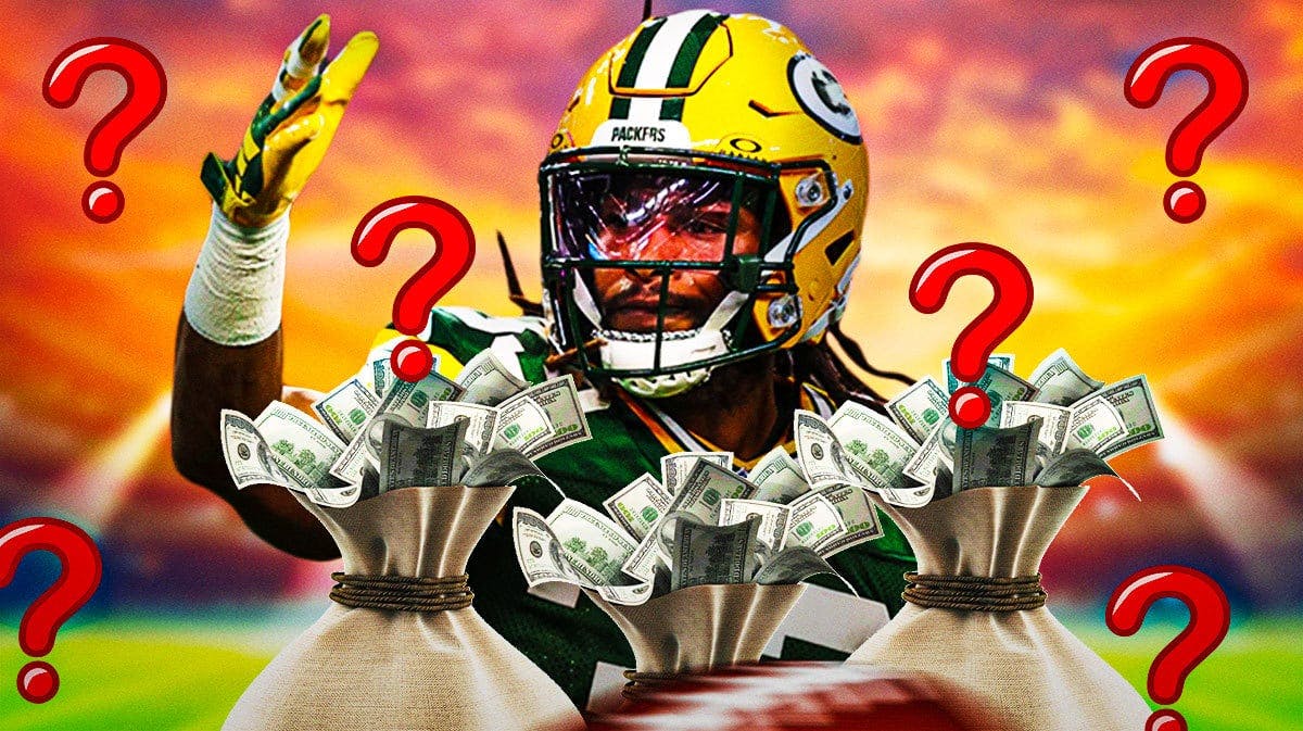 Packers' Aaron Jones holding two bags of money, question marks around him