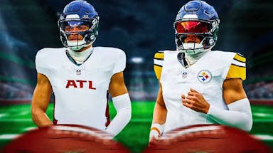 Justin Fields photoshopped to be wearing Falcons and Steelers jerseys