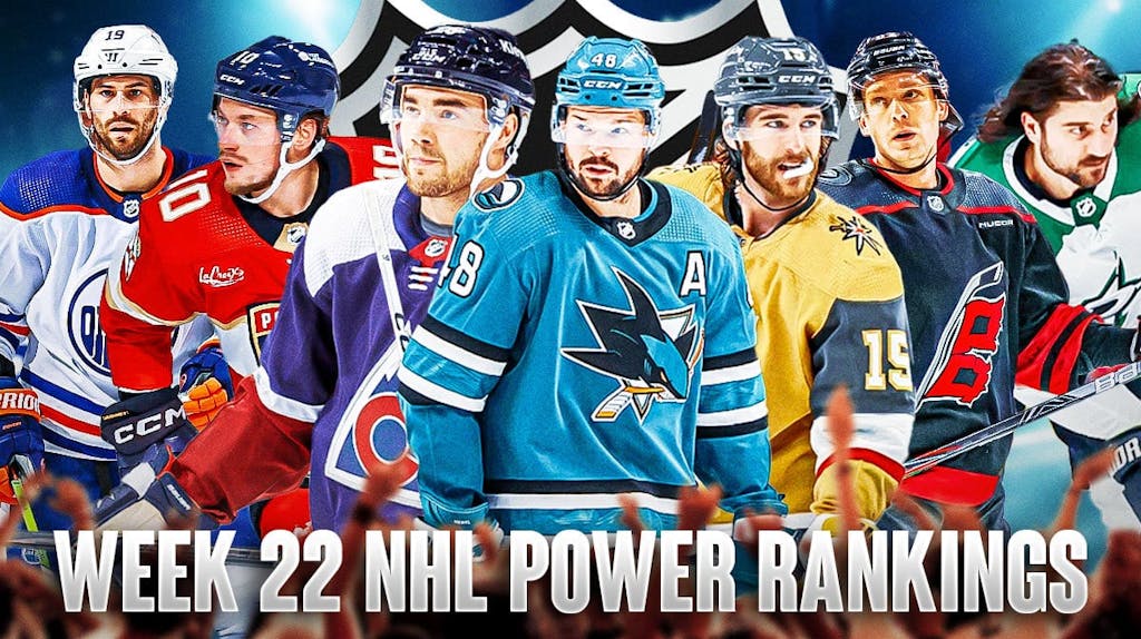 Tomas Hertl in middle of image (Sharks jersey), 3 players on each side of him. Noah Hanifin (Golden Knights), Sean Walker (Avalanche) and Chris Tanev (Stars) on one side. Vladimir Tarasenko (Panthers), Evgeny Kuznetsov (Hurricanes) and Adam Henrique (Oilers) on other side, NHL logo in image, hockey rink in background. Text: Week 22 NHL Power Rankings