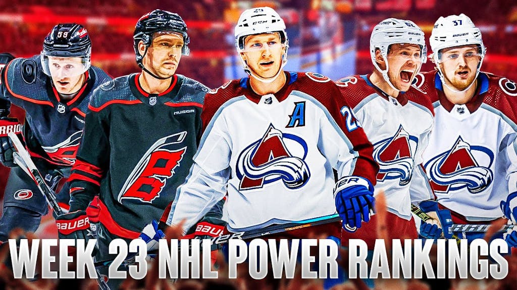 Nathan MacKinnon in middle of image with fire around him, two players on each side. On one side Evgeny Kuznetsov and Jake Guentzel in Hurricanes jerseys, on other side Sean Walker and Casey Mittelstadt in Avalanche jerseys, hockey rink in background Week 23 NHL Power Rankings