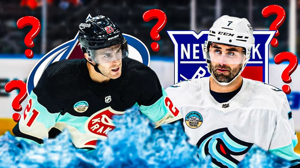 Alex Wennberg and Jordan Eberle in image looking stern, Avalanche and NY Rangers logos, 3-5 question marks, hockey rink in background Seattle Kraken