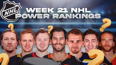 Noah Hanifin, Jake Guentzel, Frank Vatrano, Adam Henrique, Vladimir Tarasenko, Tyler Toffoli, Pavel Buchnevich and Anthony Duclair all in image, NHL logo, 3-5 question marks in image, hockey rink in background Week 21 NHL Power Rankings