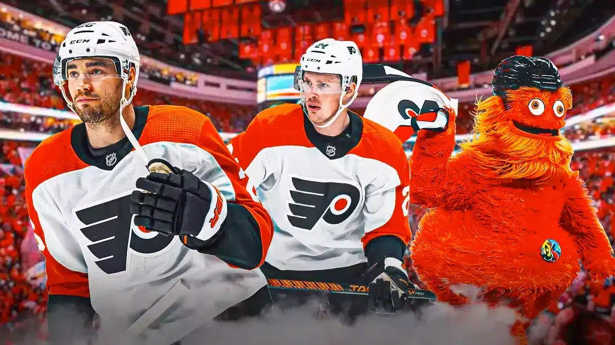 Flyers mascot with Sean Walker and Nick Seeler (both Flyers players)