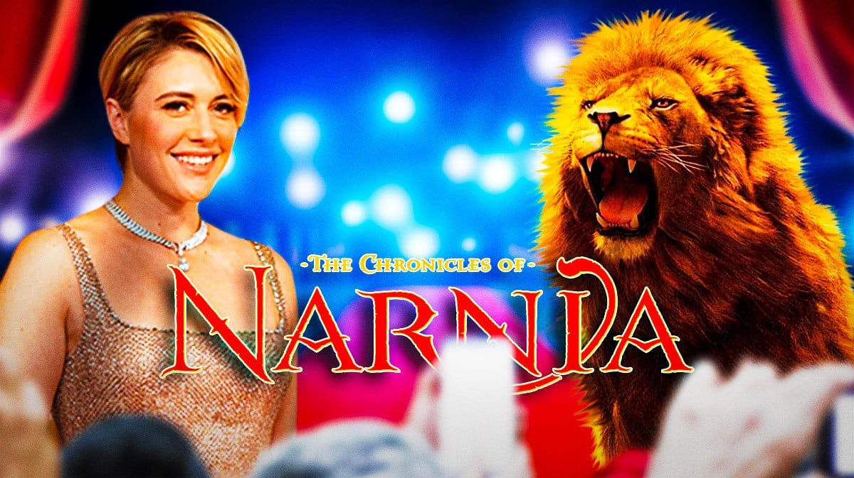 Netflix Narnia director Greta Gerwig with logo and Aslan.