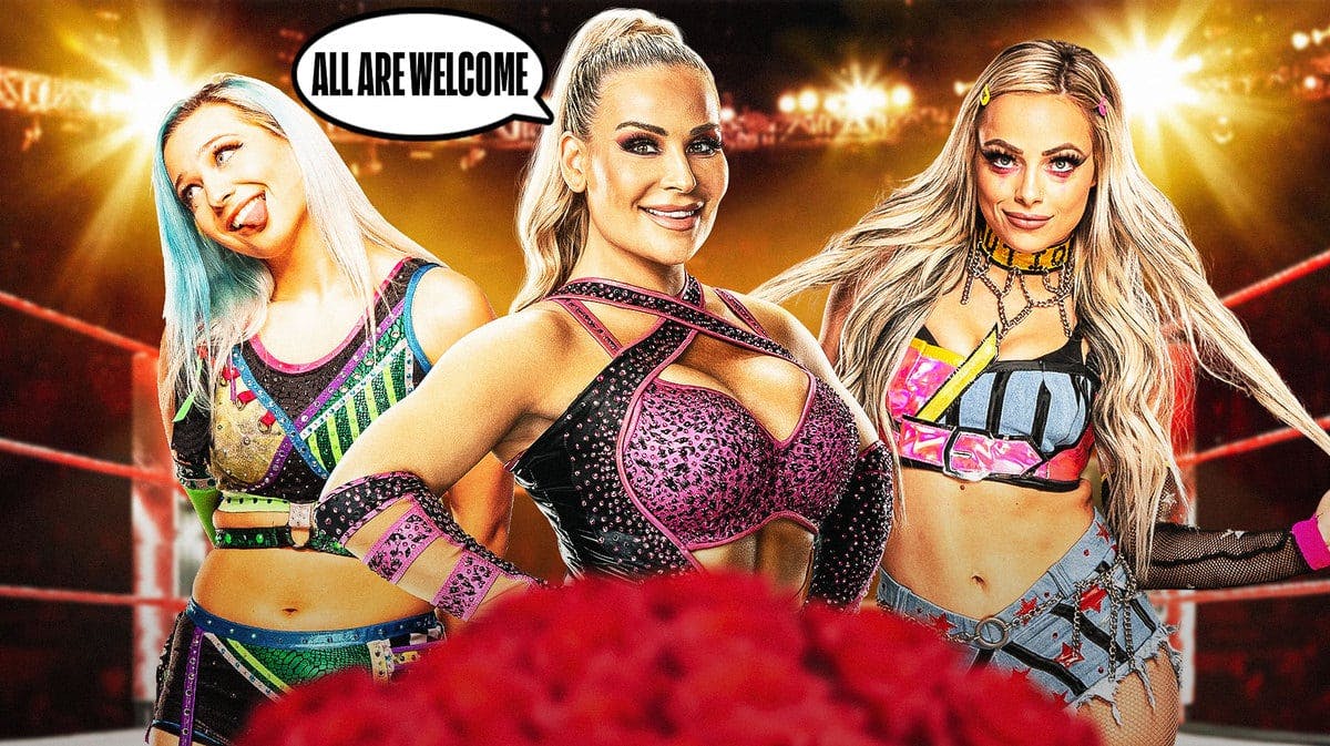 Natalya with a text bubble reading “All are welcome” with Billie Starkz on her left and Liv Morgan on her right inside of a professional wrestling ring.