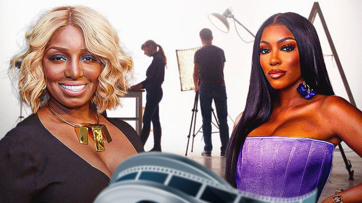 NeNe Leakes and Porsha Williams with a movie set behind them