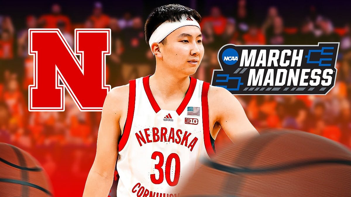 Keisei Tominaga with the Nebraska Cornhuskers logo and the March Madness logo in the background