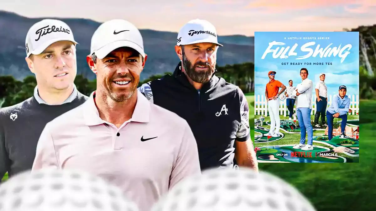 Rory McIlroy, Justin Thomas, Dustin Johnson next to Netflix Full Swing Season 2 poster with golf course background.