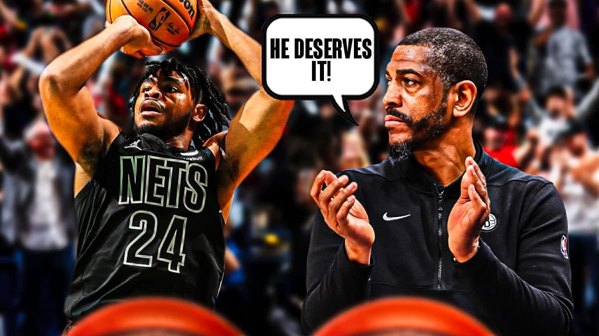 Nets' Kevin Ollie on one side with a speech bubble saying, “He deserves it!” and Cam Thomas on the other side shooting a ball