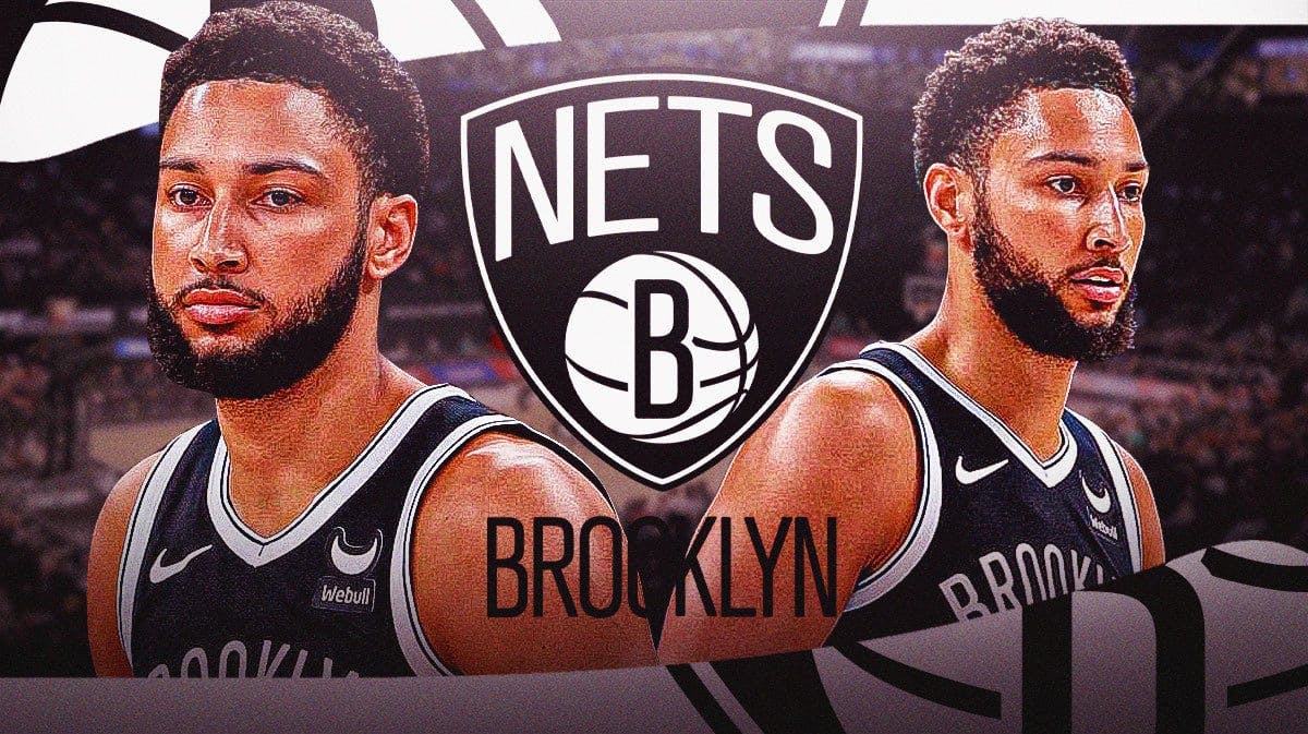 Ben Simmons next to a Nets logo at Barclays Center